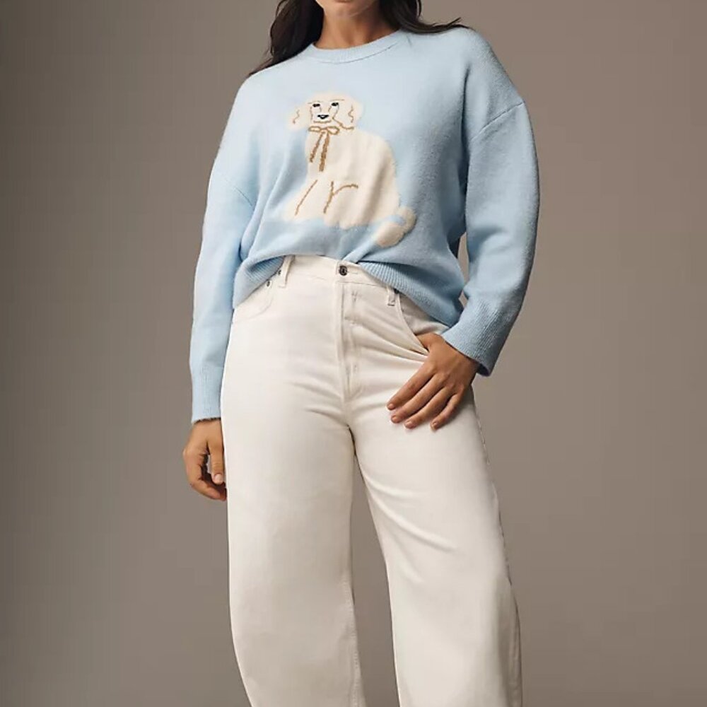 Anthropologie POODLE Maeve DOG ICON sweater light blue crew neck Pullover M NWT - Picture 7 of 14